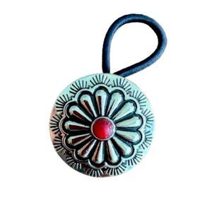 Western Concho Hair Tie – Small Navajo Style Medallion with Red Accent Stone